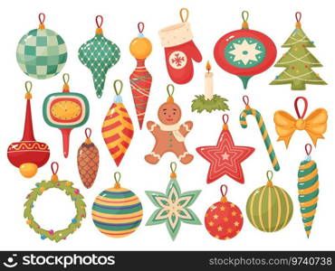 Cartoon Xmas tree toys. New Year decorations with ornaments. Different shapes of Christmas balls. Colorful glass icicles and stars. Winter holiday. Conifer wreath. Festive candle. Recent vector set. Cartoon Xmas tree toys. New Year decorations with ornaments. Different shapes of Christmas balls. Colorful glass icicles and stars. Winter holiday. Conifer wreath. Recent vector set