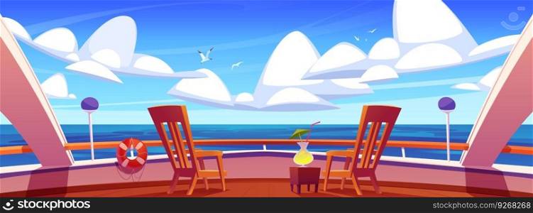 Cartoon yacht deck with beautiful sea view. Vector illustration of luxury cruise ship with wooden chairs for relax, cocktail glass on table, lifebuoy on railing, birds flying in sky. Summer voyage. Cartoon yacht deck with beautiful sea view