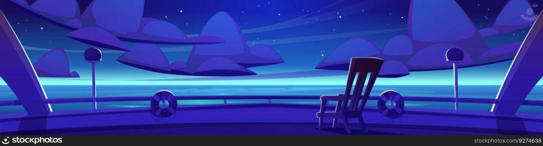 Cartoon yacht deck with night sea view. Vector illustration of luxury cruise ship with wooden chair for rest on board, lifebuoy on railing, stars shimmering in dark sky. Summer voyage, tourism banner. Cartoon yacht deck with night sea view