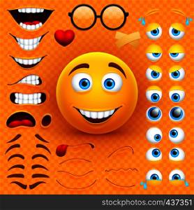 Cartoon yellow 3d smiley face vector character creation constructor. Emoji with emotions, eyes and mouthes set. Illustration of emoticon face smiley, creation smile mood. Cartoon yellow 3d smiley face vector character creation constructor. Emoji with emotions, eyes and mouthes set