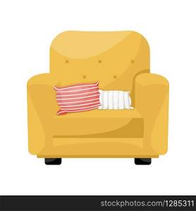 Cartoon yellow armchair with pair of decorative cushions . Vector illustration