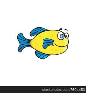 Cartoon yellow fish with blue fins isolated marine animal. Vector aquatic character with big eyes. Fish blue yellow isolated cartoon aquatic animal