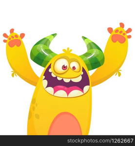 Cartoon yellow furry monster. Halloween vector illustration of excited monster