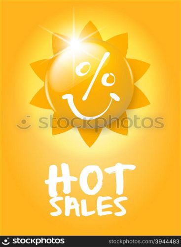 Cartoon yellow glossy yellow sun character announcing seasonal sales vector illustration