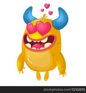 Cartoon yellow horned monster in love. St Valentines vector illustration of loving monster