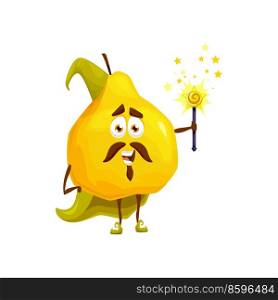 Cartoon yellow pear fruit wizard or magician character. Funny ripe vector quince sorcerer, magic personage in witch hat and cape with wand in hand. Smiling mustached wiz fruit enchanter or necromancer. Cartoon yellow pear fruit wizard character, quince