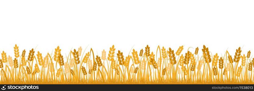 Cartoon yellow wheat field background isolated on white. Golden autumn harvest oat grain natural rural meadow farm agriculture landscape backdrop vector flat illustration. Cartoon yellow wheat field background isolated on white vector flat illustration