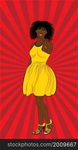 Cartoon young afro girl showing two fingers up in peace or victory sign, V letter, retro pop art style