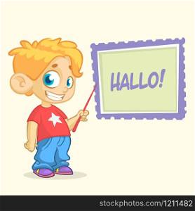 Cartoon young blond boy character in casual style clothes pointing whiteboard. Vector illustration of a small boy presenting