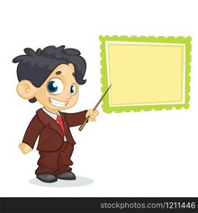 Cartoon young boy character in business suite pointing whiteboard. Vector illustration of a small boy presenting