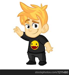 Cartoon young boy rock-n-roll fan. Vector illustration of cute blond teenager in black clothes. Icon
