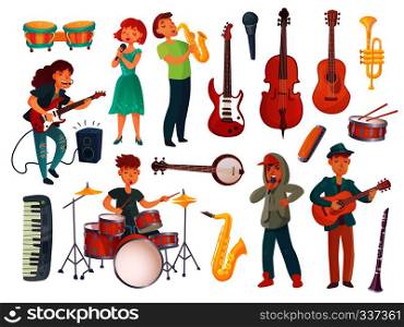 Cartoon young female and male singers with microphones and musician characters with music instruments