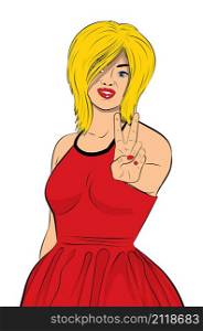 Cartoon young girl in red dress showing two fingers up in peace or victory sign, V letter, retro pop art style