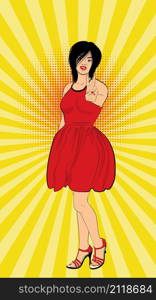 Cartoon young girl in red dress showing two fingers up in peace or victory sign, V letter, retro pop art style
