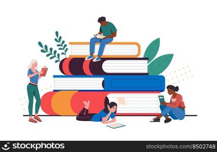Cartoon young people read books. Female and male student characters studying or preparing for exam. Readers sitting on stack of giant books, lying and standing on floor with literature vector. Cartoon young people read books. Female and male student characters studying or preparing for exam. Readers sitting
