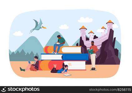 Cartoon young people read stack of books. Vector education book and students reader, literature to study illustration. Cartoon young people read stack of books