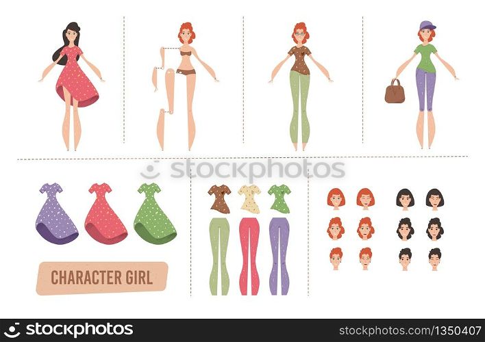 Cartoon Young Woman Characters Animation Set or DIY Kit. Female Body Parts, Faces with Different Emotions and Haircuts, Formal and Informal Clothes Bundle. Vector Trendy Flat Illustration. Cartoon Female Characters Animation Set or DIY Kit