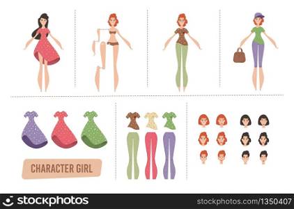 Cartoon Young Woman Characters Animation Set or DIY Kit. Female Body Parts, Faces with Different Emotions and Haircuts, Formal and Informal Clothes Bundle. Vector Trendy Flat Illustration. Cartoon Female Characters Animation Set or DIY Kit