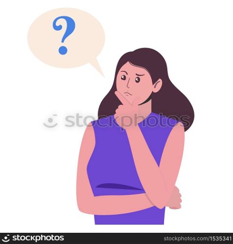 Cartoon young woman thinking with question mark in speach bubble. Girl thinks about problem and doubts. Woman and question bubble thinking. Vector flat illustrations. Cartoon young woman thinking with question mark in speach bubble. Girl thinks about problem and doubts. Woman and question bubble thinking. Vector flat illustrations isolated on white background.