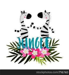Cartoon zebras with tropical flowers, leaves and lettering Jungle! African hand drawn animals. Can be used for child book, t-shirt print, poster.