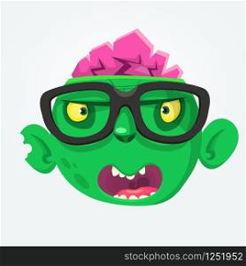 Cartoon zombie face wearing eyeglasses cartoon. Zombi nerd. Halloween vector illustration