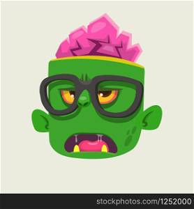 Cartoon zombie face wearing eyeglasses cartoon. Zombi nerd. Halloween vector illustration