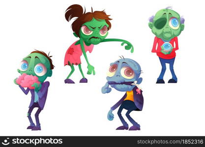 Cartoon zombie halloween characters, funny horror mascots eating brain, holding eye ball, chewing arm and walking with raised hands. Creepy dead monsters, men or women personages, Vector illustration. Cartoon zombie halloween funny characters set
