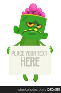 Cartoon zombie holding blank paper banner for text. Vector illustration. Isolated on the white background. Halloween design element for banner, postcard, poster.