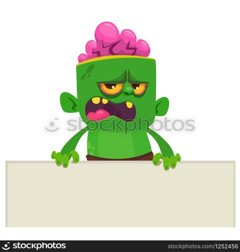 Cartoon zombie holding blank paper banner for text. Vector illustration. Isolated on the white background. Halloween design element for banner, postcard, poster.