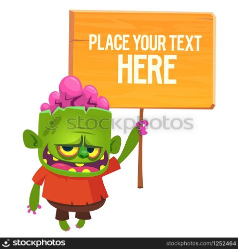 Cartoon zombie holding wooden sign. Vector illustration. Isolated on the white background. Halloween design element for banner, postcard, poster.