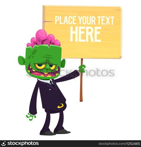 Cartoon zombie holding wooden sign. Vector illustration. Isolated on the white background. Halloween design element for banner, postcard, poster.