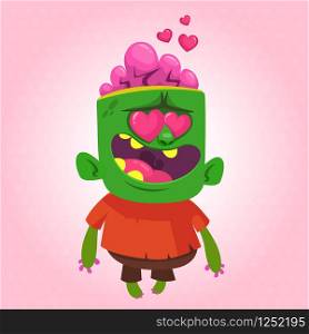 Cartoon zombie in love. Halloween vector illustration of walking zombie cupid with flying hearts. Isolated