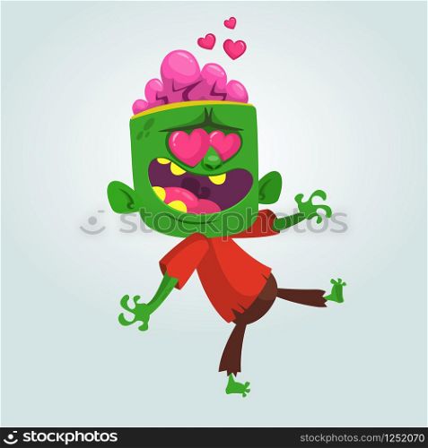Cartoon zombie in love. Halloween vector illustration of walking zombie in red t-shire and brown pants