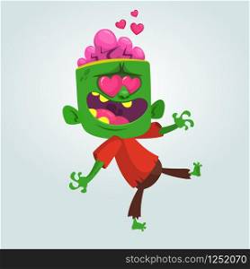 Cartoon zombie in love. Halloween vector illustration of walking zombie in red t-shire and brown pants