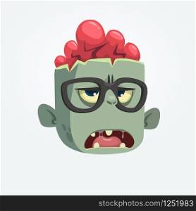 Cartoon zombie professor head wearing eyeglasses . Halloween vector illustration