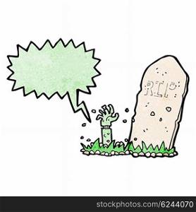 cartoon zombie rising from grave with speech bubble
