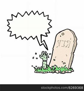 cartoon zombie rising from grave with speech bubble