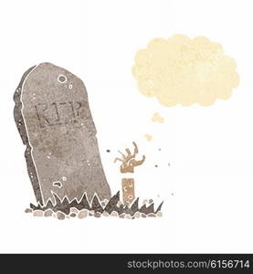 cartoon zombie rising from grave with thought bubble