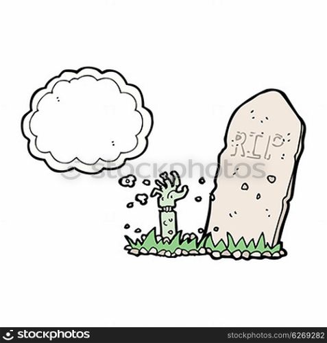cartoon zombie rising from grave with thought bubble