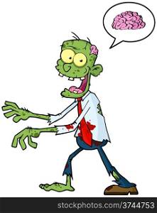 Cartoon Zombie Walking With Hands In Front And Speech Bubble With Brain