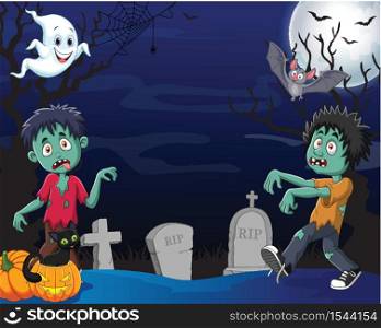 Cartoon zombie with halloween background