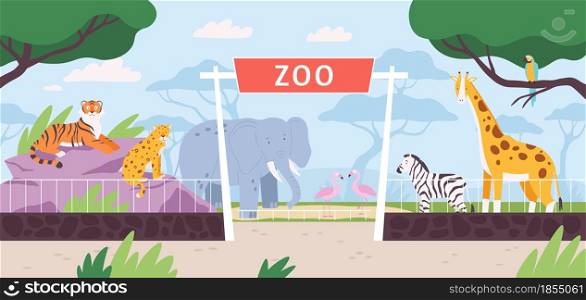 Cartoon zoo park entrance gate with savannah and jungle animals. Flat safari landscape with zebra, african elephant and giraffe vector scene. Outdoor summer nature with wildlife fauna