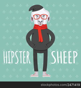 Cartooned Hipster Sheep in Flat Style Graphic Design on Light Green Background with Pattern Design