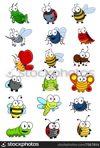Cartooned insects set with bee, wasp, hornet, caterpillar, grasshopper, ladybug fly worm butterfly dragonfly ant spider and bug