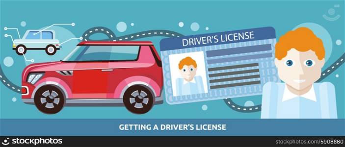 Cartoons man with driver license on the background of modern red car and road. Flat cartoon design style. For web banners, promotional materials, presentation templates
