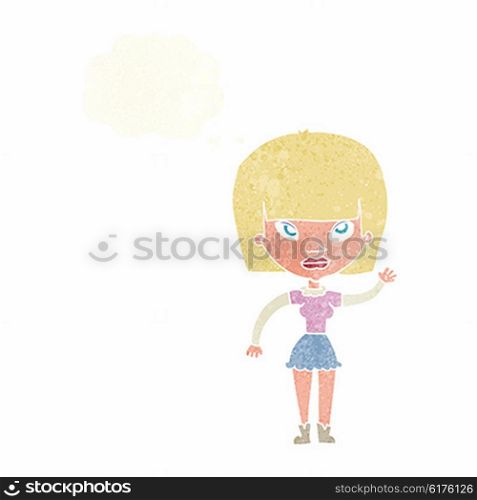 cartoonw woman waving with thought bubble