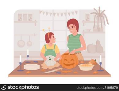 Carving pumpkins 2D vector isolated illustration. Mother and daughter preparing for holiday flat characters on cartoon background. Halloween colourful editable scene for mobile, website, presentation. Carving pumpkins 2D vector isolated illustration