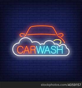 Carwash neon text, automobile and foam. Neon sign, night bright advertisement, colorful signboard, light banner. Vector illustration in neon style.