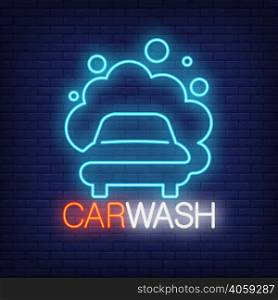 Carwash neon word and automobile in foam logo. Neon sign, night bright advertisement, colorful signboard, light banner. Vector illustration in neon style.