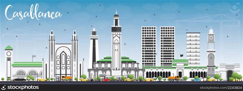 Casablanca Skyline with Gray Buildings and Blue Sky. Vector Illustration. Business Travel and Tourism Concept with Historic Architecture. Image for Presentation Banner Placard and Web Site.